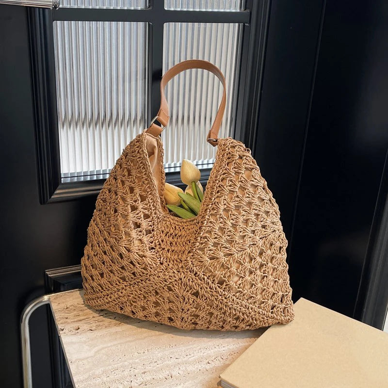 Women Weaving Clutches Top-handle Bag Large  Portable Shoulder Bag Summer Beach Purses Shopper Satchel Female Tote Bags
