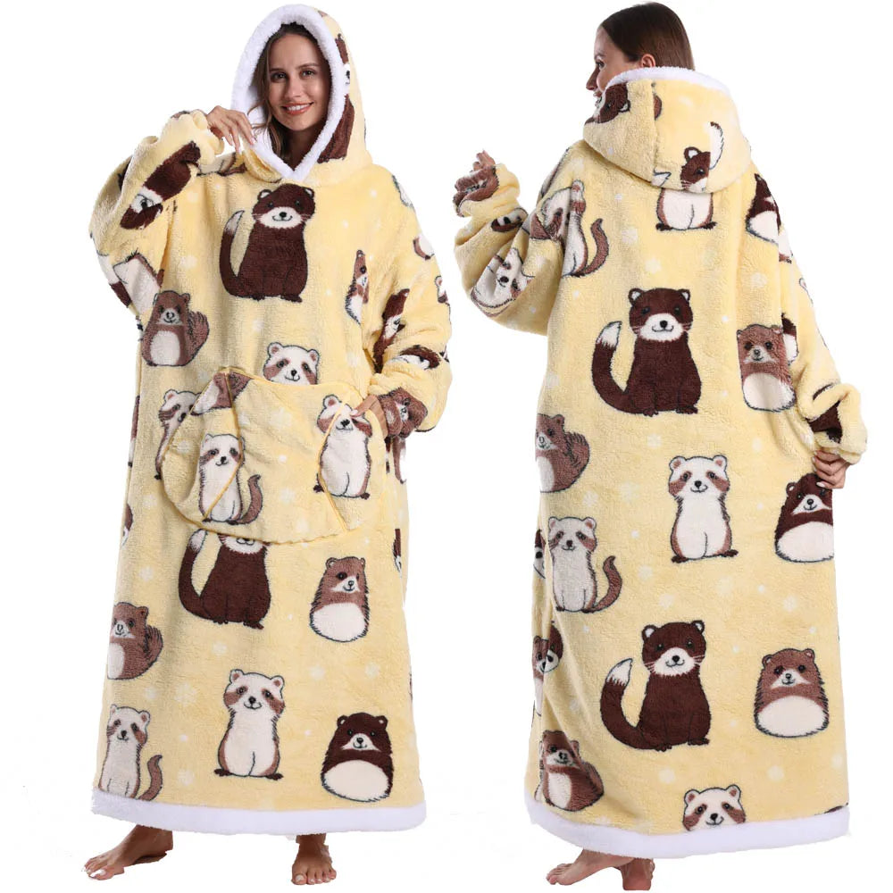 Extra Long Women Halloween Blankets with Sleeves Winter Plush Fleece Homewear Christmas Pajamas Adult Warm Oversized Hoodies
