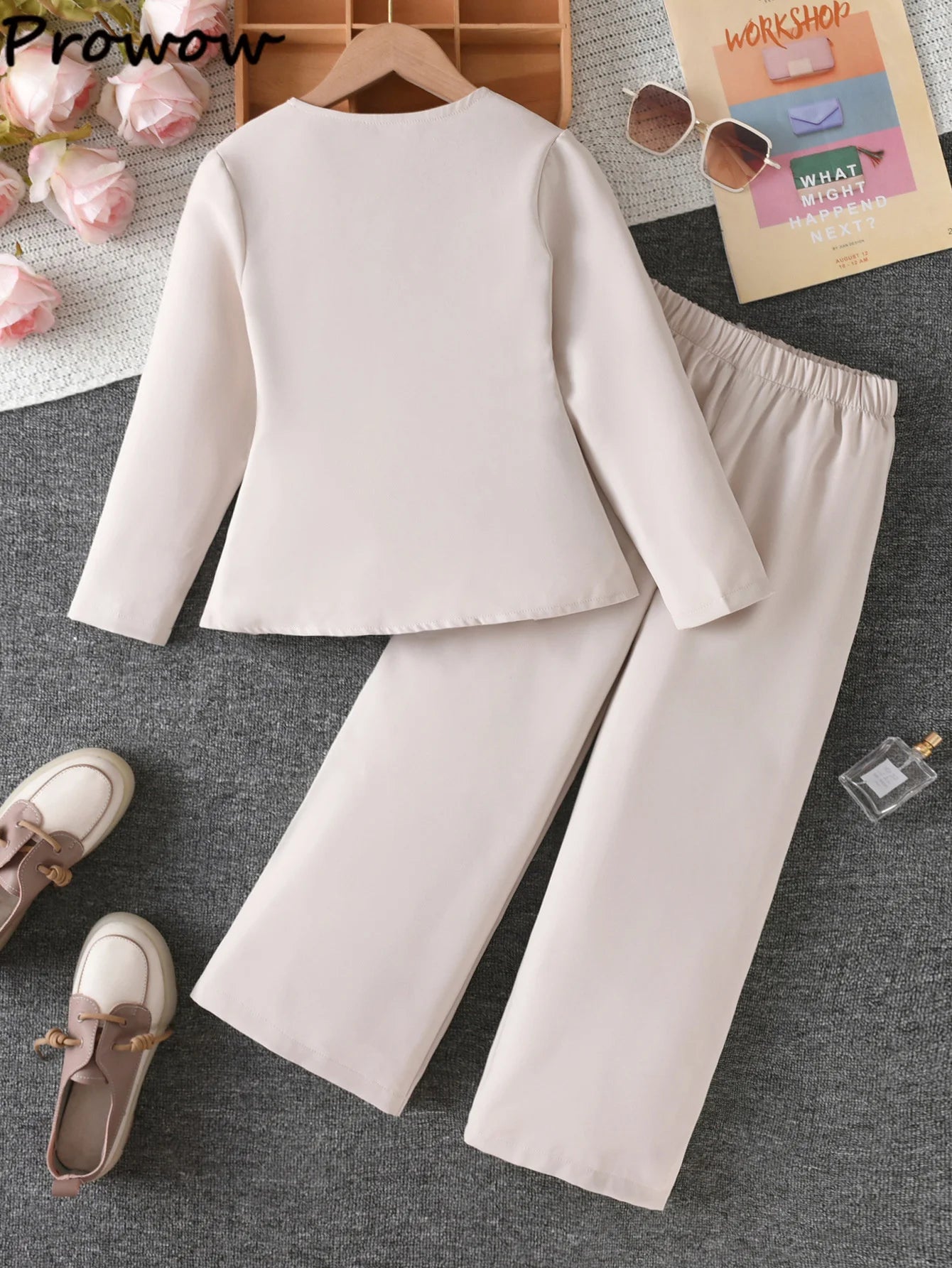 6-14Y Kids Fashionable Suit For Girls Slant Collar Beige Irregular Coat and Suit Trousers Spring Fall Kids Blazer Girls Outfits