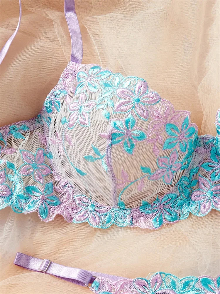 Woman Lingerie Set Floral Embroidery Erotic Underwear Translucent Beautiful Mesh Bra Kit Daring Lingerie Romantic Sexy Lingerie