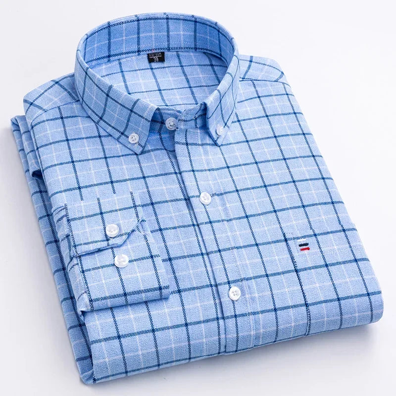 New in shirtplus size 7XL 100%cotton sanding long-sleeve shirts for men slim fit plain shirt striped plaid single pocket clothes
