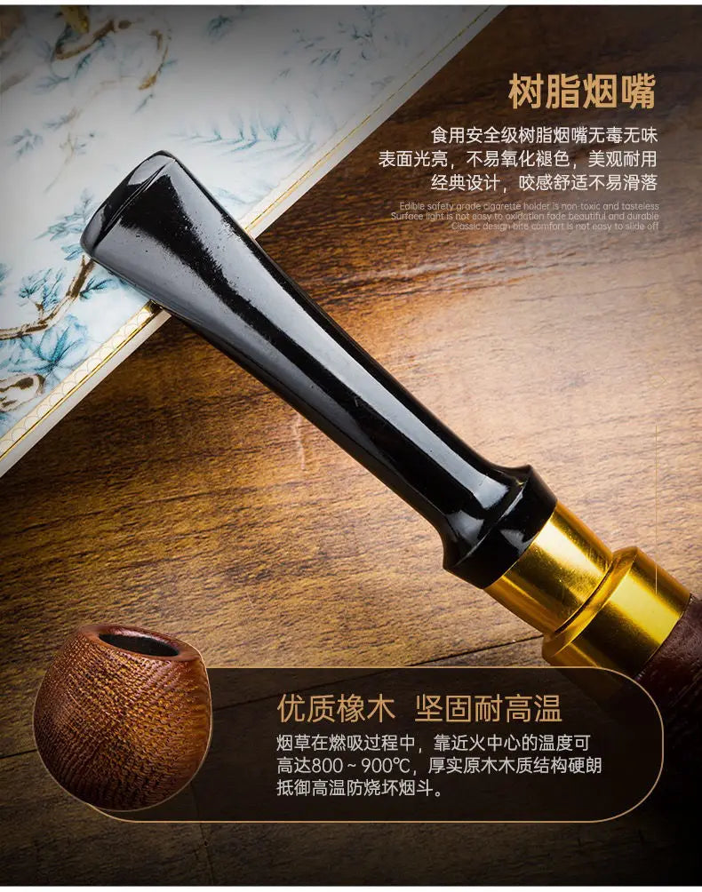 Oak Wood Sandblasted Tobacco Pipe with Gold Silver Band 9mm Filter Straight Bent Smoking Pipe for Men Gift Accessories
