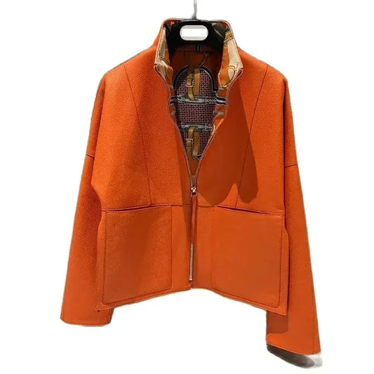 New fashion 2025 women coat sspring orange import real sheepskin jacket floral pattern lining short length big pockets