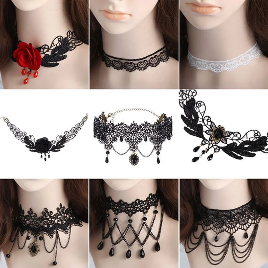 Sexy Neck Chain Steampunk Style Collar Chocker Gemstone Pendant Black Lace Gothic Necklace