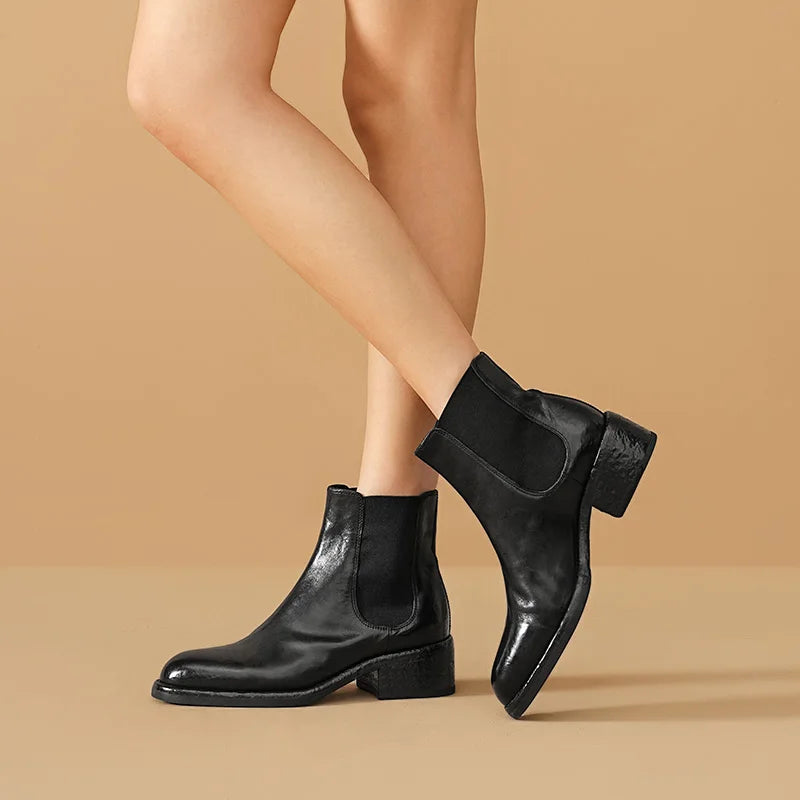 BEAUTODAY Ankle Boots Women Genuine Horse Leather Chelsea Booties Round Toe Elastic Band Vintage Ladies Shoes Handmade 03D64