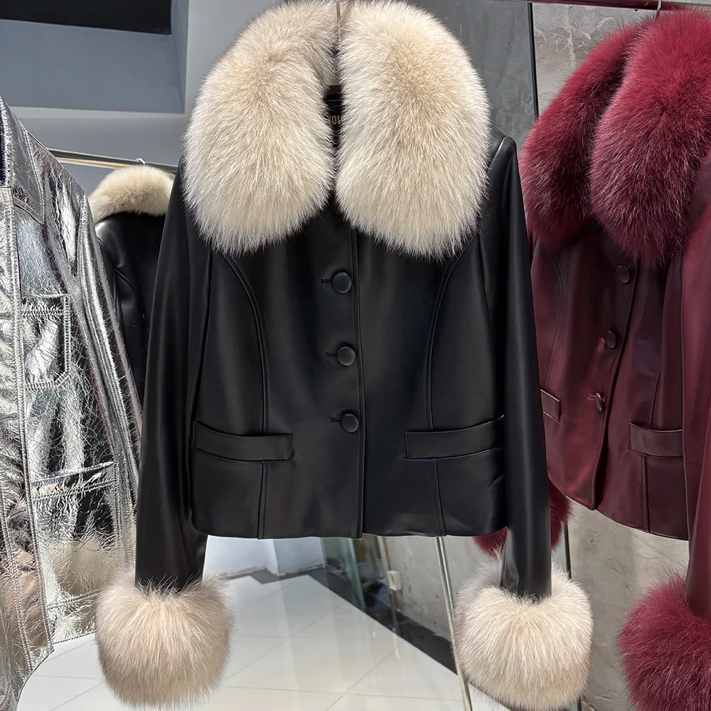 YOLOAgain Women's Mongolia Sheep Fur Collar Real Leather Jacket Single Breasted