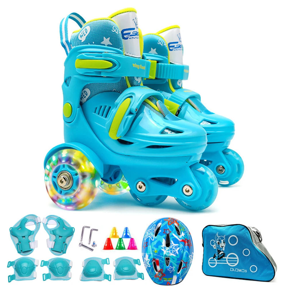 Flash Skating Shoes Kids Beginner Roller Skating Shoes Set Children Skates with Kneepad Elbow Pads Helmet Barrier Backpack Rolle