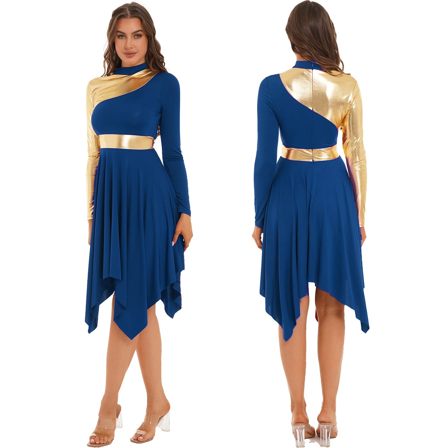 Women Modern Lyrical Dance Dress Waltz Ballroom Performance Costume Church Choir Worship Gown Long Sleeve Shiny Dancewear