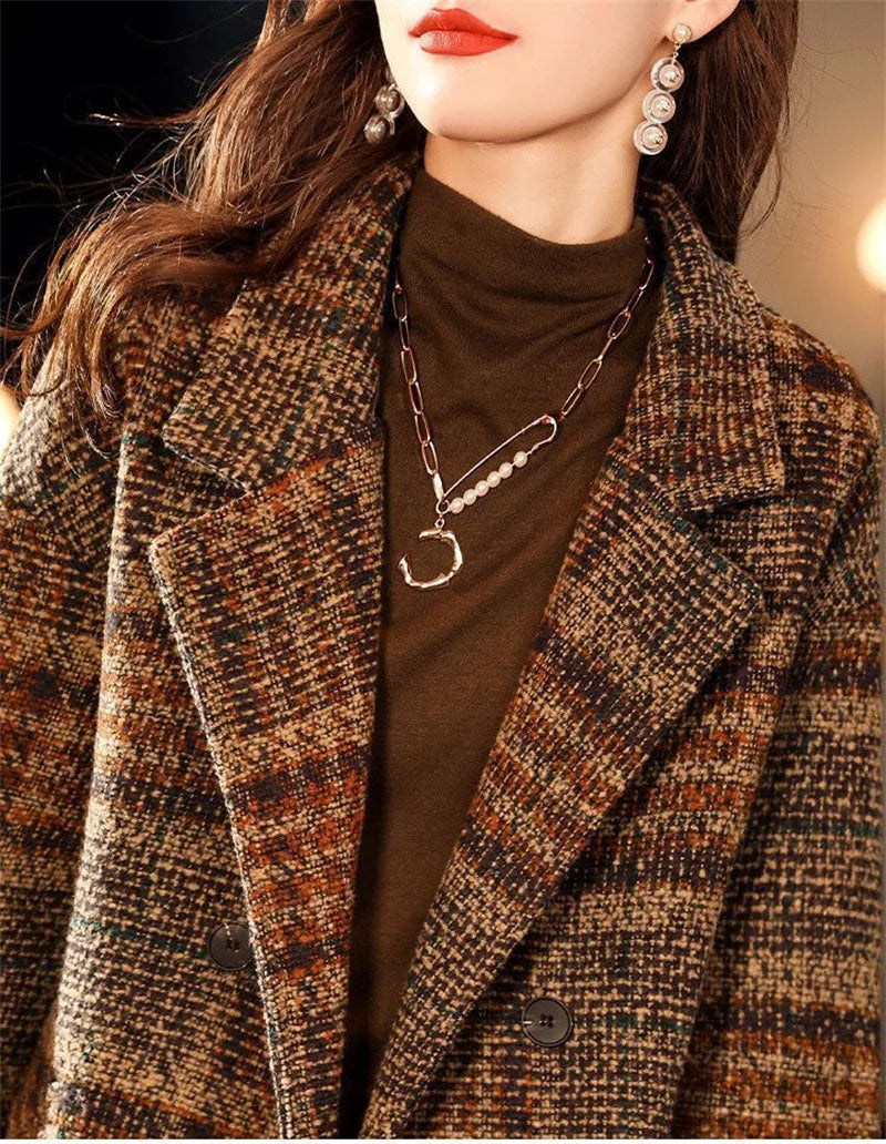Plaid Suit Woolen Coat Women Autumn Winter New Korean Fashion Loose Woolen Coat Mid-Length Wool Blazer Overcoat Woman Jacket