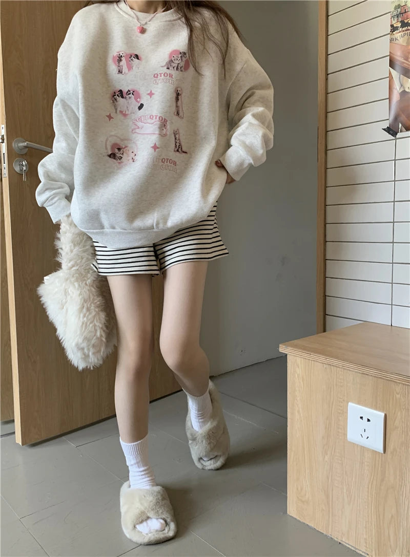 KOSAHIKI Cute Hoodies Women Letter Dog Print Sudaderas Mujer O-neck Sweatshirt Harajuku Streetwear Y2k Pullover Moletom Feminino