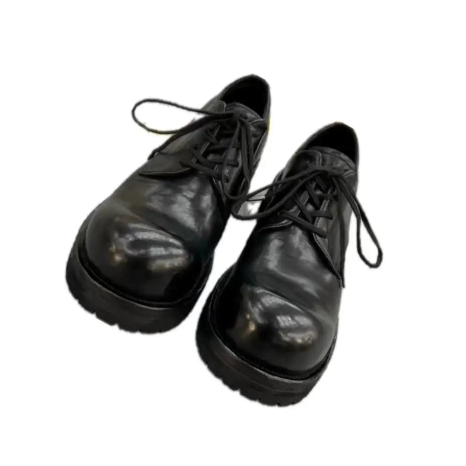 2025 New Men's Thick-soled Heightening Black Lace-up Round Head Horse Leather Made Old Derby Shoes