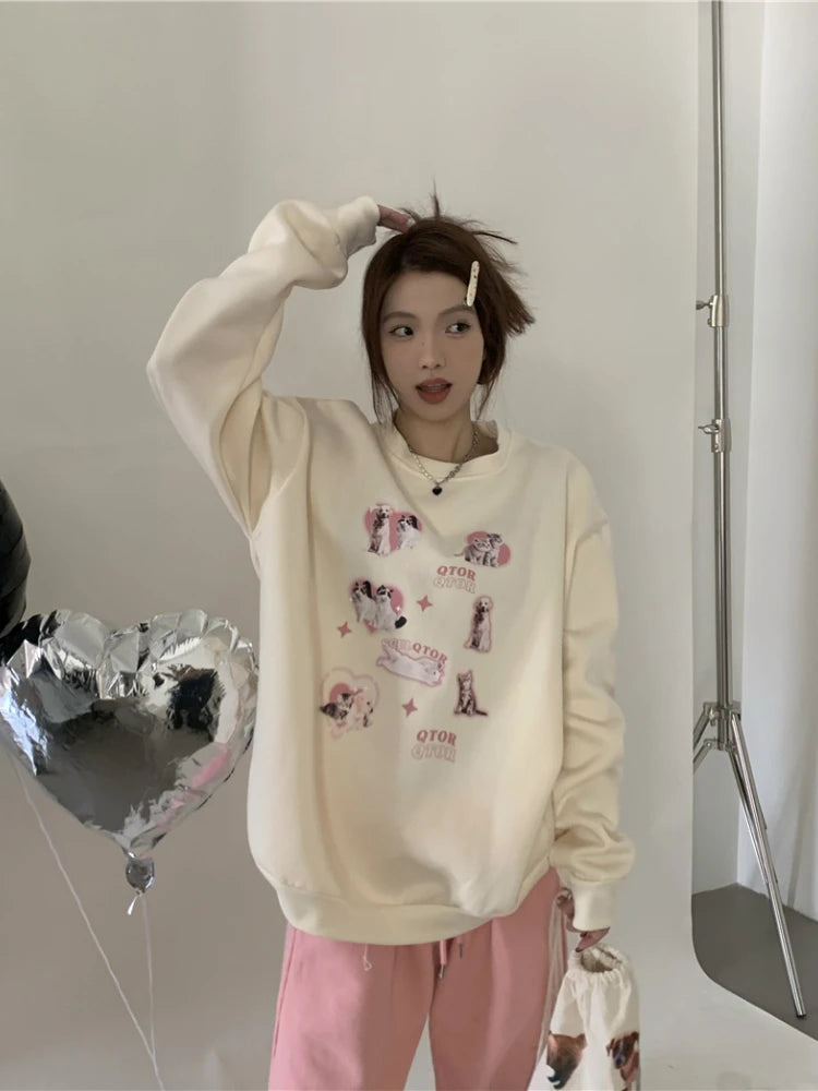 KOSAHIKI Cute Hoodies Women Letter Dog Print Sudaderas Mujer O-neck Sweatshirt Harajuku Streetwear Y2k Pullover Moletom Feminino