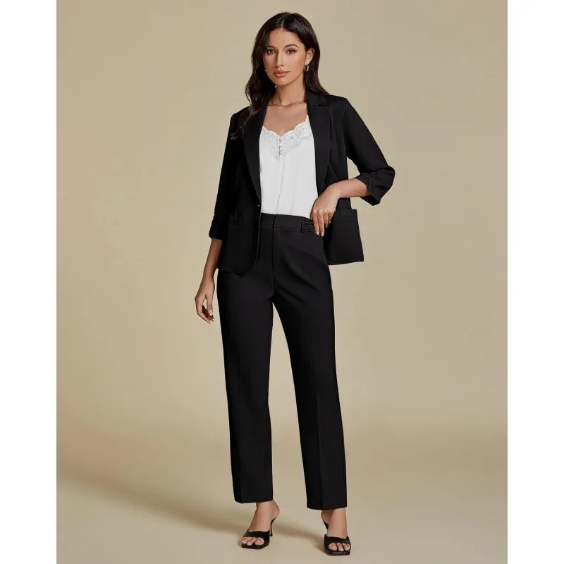 Pant Suits for Women Dressy 2 Piece Business Casual Outfits 3/4 Sleeve Blazer Straight Leg Pant Sets Office Work