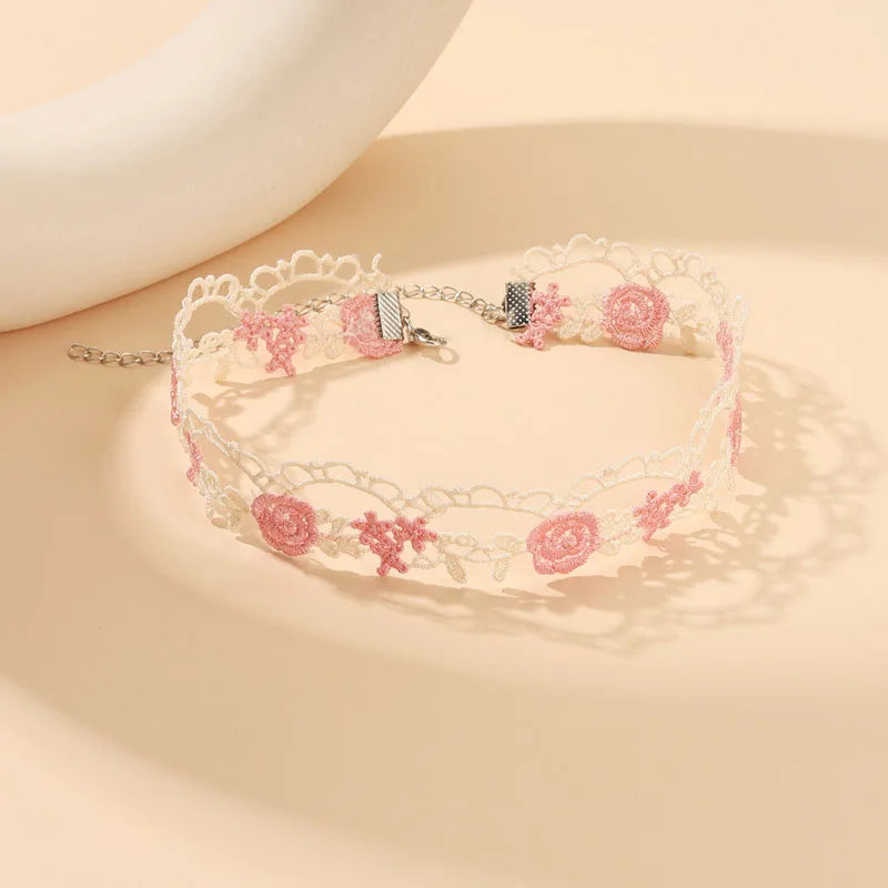 5 Pieces Sweet Pink Lace Choker Necklace Set for Women with Flower Pearl Dangle Clavicle Jewelry Accessories Gift for Girls