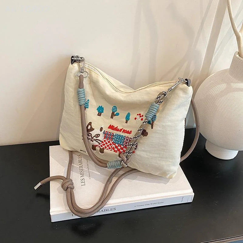 Ladies Tote Bag Lazy Ins Wind Japanese Embroidery Fashion Joker Large-capacity Durable Shoulder Bag Commuter Messenger Bag