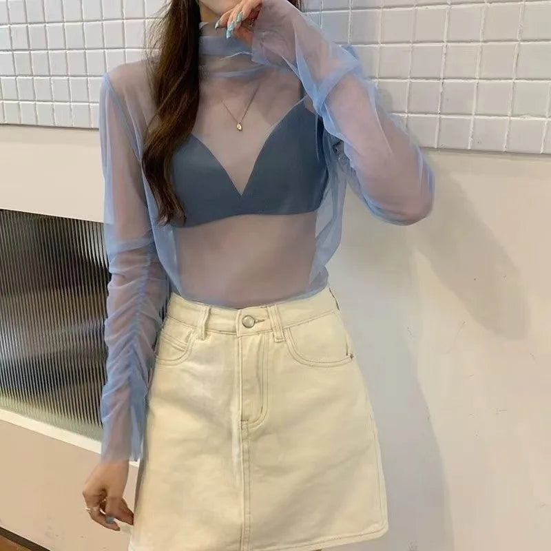 Summer Women T Shirts Hollow Out Fishnet Bottoming Shirt Korean Fashion Long Sleeve Mesh Tops Green White Top Tees Women Clothes