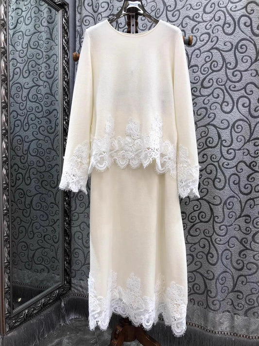 Top Quality New Skirt Suit 2025 Autumn Winter 2PC Set Women Lace Knitting Patchwork Wool Sweater+Long Knitted Skirt Suit & Sets