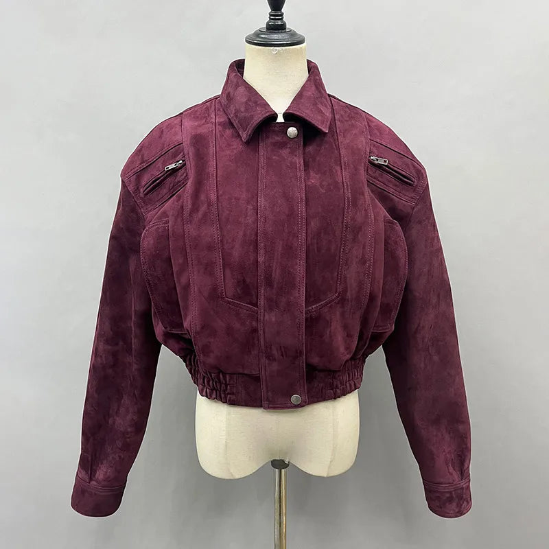 2025A Lady's Fashion Real Suede Jacket Genuine Goatskin Suede Bomber Jacket Oversize Leather Coat Women's Suit