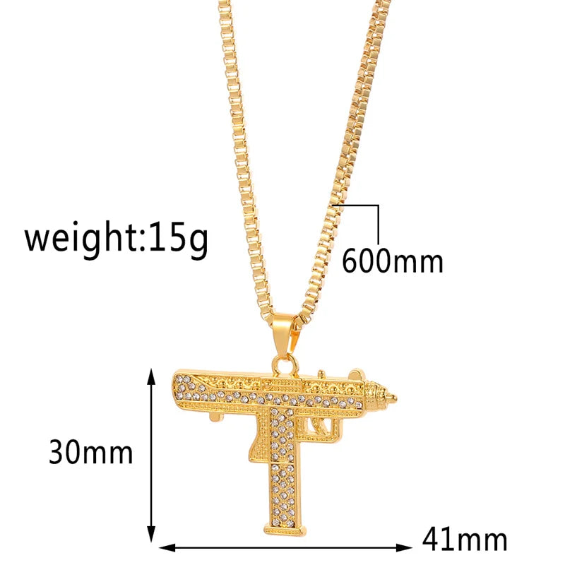 Gold Plated Uzi Gun Pendant Necklace for Men Full Crystal Bling Submachine Chain Hip Hop Accessory Male Jewelry