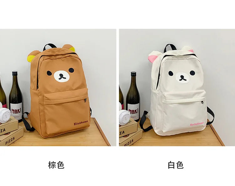 Rilakkuma Kawaii Cartoon Backpack Waterproof Nylon Large Capacity Embroidery School Bag For Young Adult Daily Travel Campus Work