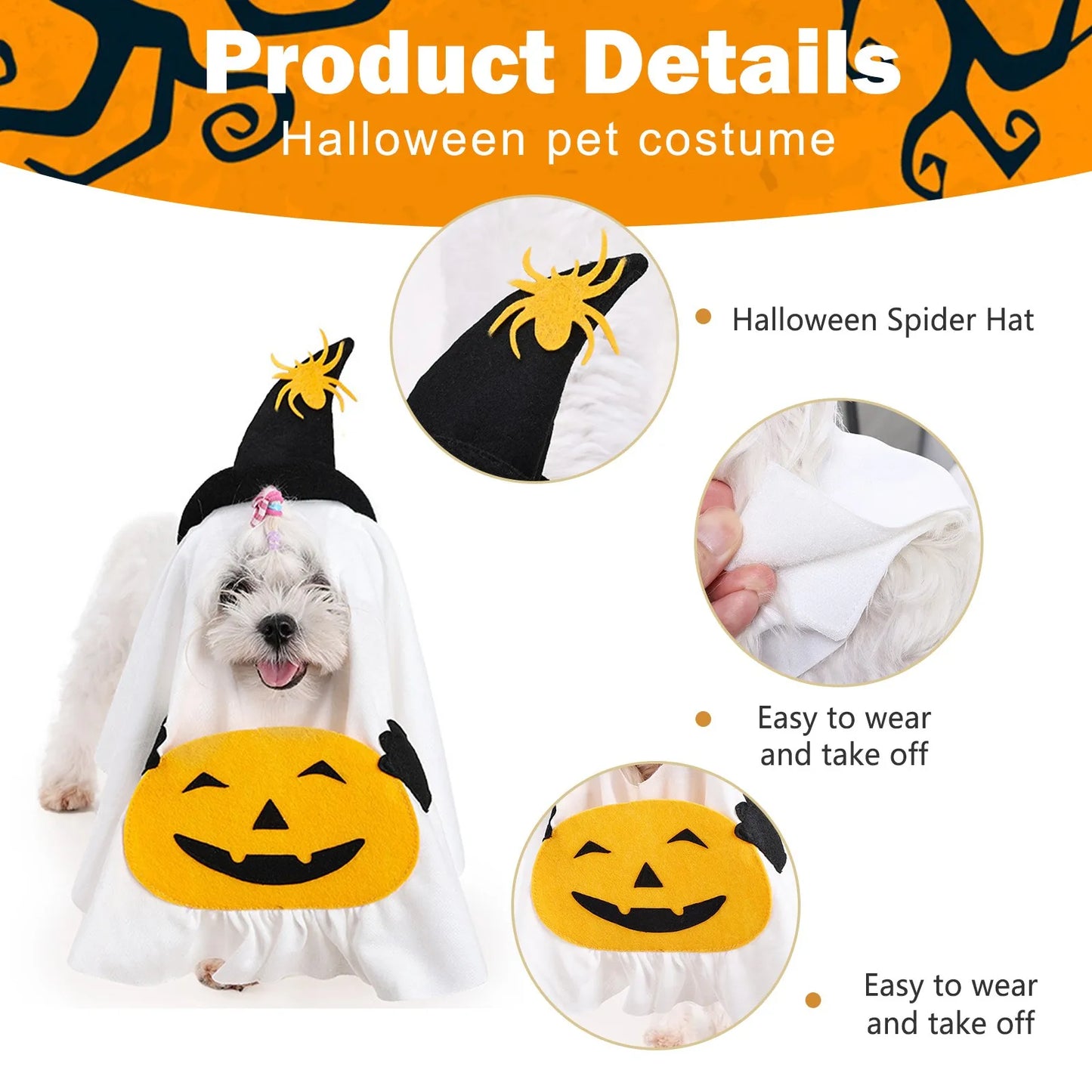 Halloween Pet Ghost Pumpkin Costume Adorable Pumpkin Pet Costume for Dogs and Cats Fun Trick-or-Treat Pet Costumes Easy To Wear