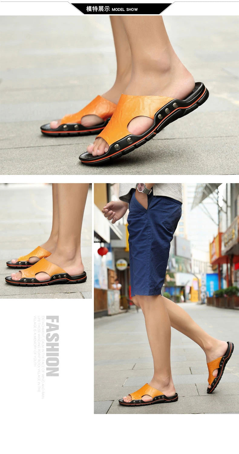 Genuine Leather Slippers for Men Casual Big Size Wear-Resistant Non-slip Fashion Flat Breathable Comfortable Shoes Summer Main