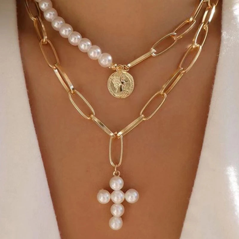 Classic Pendant Necklace for Women Micro Zircon Turkish Lucky Evil Eyes Palm Cross Pearl Multilayer Metal Chain Choker Jewelry