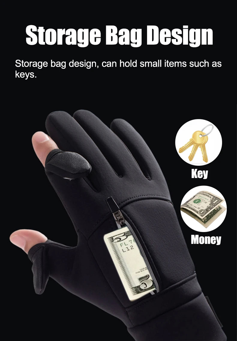 Winter Warm Gloves Flip Over Expose Two Fingers Gloves Windproof Touch Screen Gloves Cycling Ski Fishing Gloves
