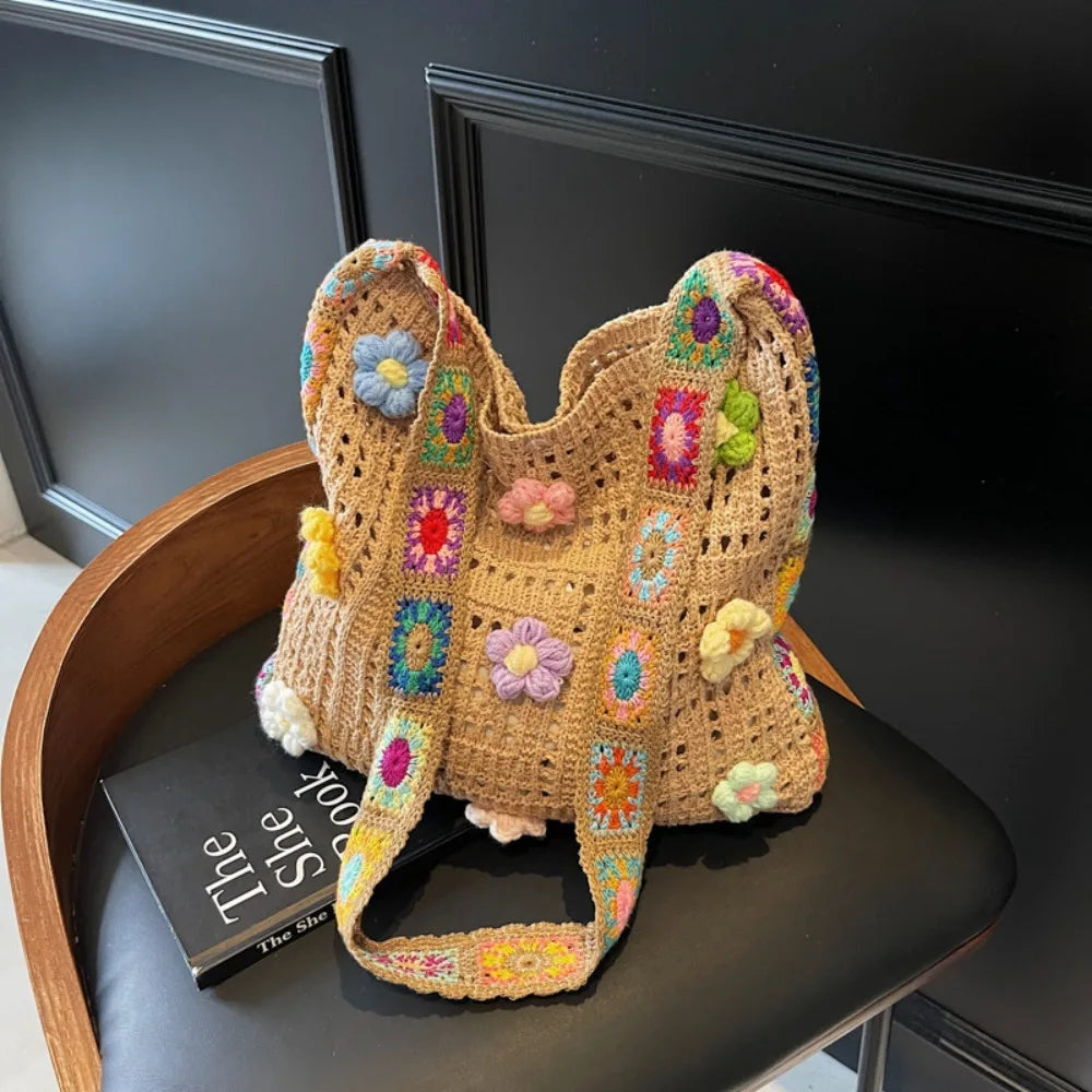 Fashion Large Capacity Women Shoulder Bag Floral Crochet Vintage Handbag Boho Hollow Out Knitted Crossbody Bags