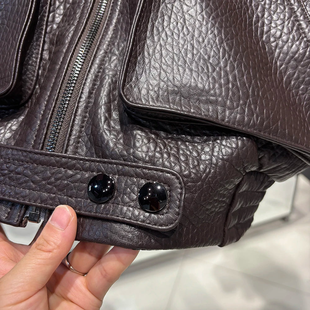 YOLOAgain Women Real Leather Jacket Oversized Light Khaki Suede Leather Jacket Coat With Collar