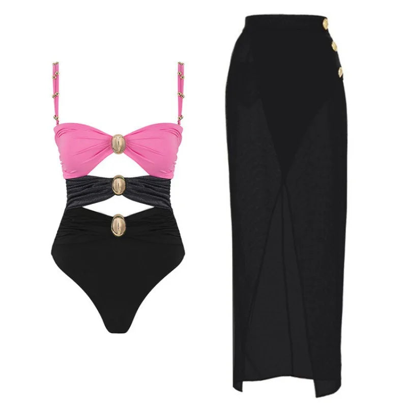 One-Piece Swimsuit and Skirt Blue Swimwear Bikini Female Vocation Bathing Suit Beachwear Beach Dress Sarong