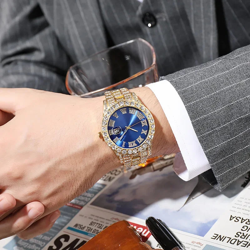Hip Hop Watch for Men Iced Out Bling Full Diamond Luxury Quartz Watch Analog Roman Calendar Watch for Men Women
