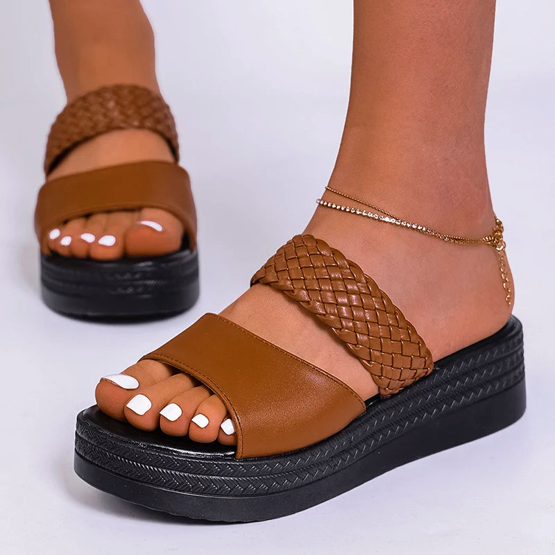 Women's Brown Woven Platform Sandals Non Slip Thick Sole Outdoor Slippers Woman Plus Size 43 Wedge Heels Summer Shoes Footwear
