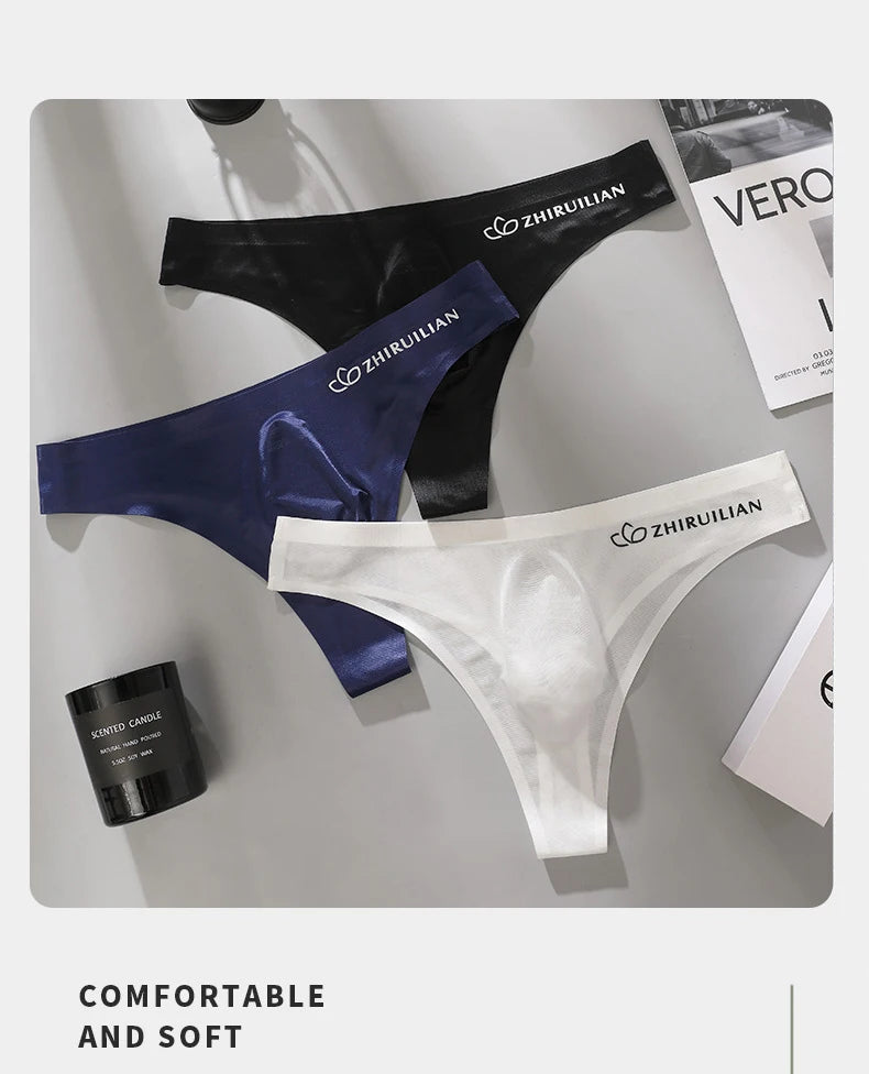 Men's Thongs Low Waist Underwear Sexy Ice Silk T-Back Panties Breathable Quick Drying G-string Seamless Ultra-thin Underpants