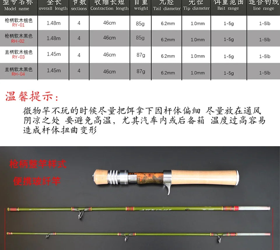 Trout fishing rod AIOUSH-FRP, versatile ejection tip, 1.45 meters long, ideal for traveling and transportation, extremely soft