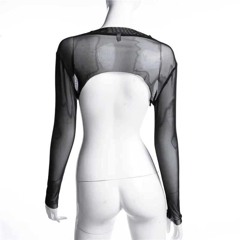 Hot Summer Sexy Top Ultra Short Perspective Round Neck Long Sleeve Solid Color Transparent T-shirt Women's Top