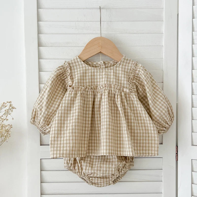 Baby Cotton Clothing Sets 0-2Yrs Autumn New Baby Girl Clothes Set Plaid Tee And Bloomer 2pcs Toddler Kids Vest + Shorts Suit