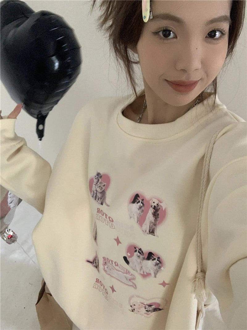 KOSAHIKI Cute Hoodies Women Letter Dog Print Sudaderas Mujer O-neck Sweatshirt Harajuku Streetwear Y2k Pullover Moletom Feminino