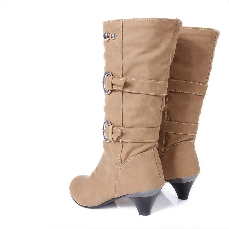 2026 New Fashion Women Boots Chunky Heeled Casual Round Toe Woman Shoes Autumn Winter Mid-Calf Boots Women with Buckle  WSH3476
