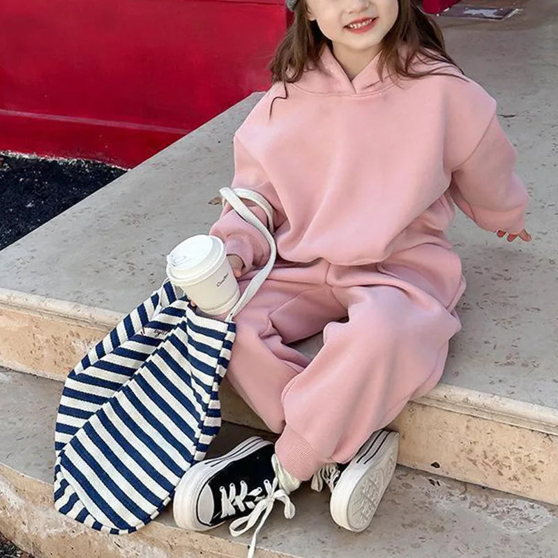 2025 Winter New Children Plus Velvet Thick Clothes Set Boys Girls Fleece Hooded Sweatshirt + Sweat Pants Suit Kids Warm Outfits
