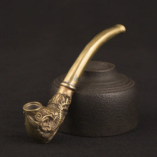 Vintage Copper Dragon Pattern Curved Smoking Pipe Accessories Chinese Traditional Pure Copper Cigarette Holder Series