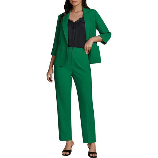Pant Suits for Women Dressy 2 Piece Business Casual Outfits 3/4 Sleeve Blazer Straight Leg Pant Sets Office Work