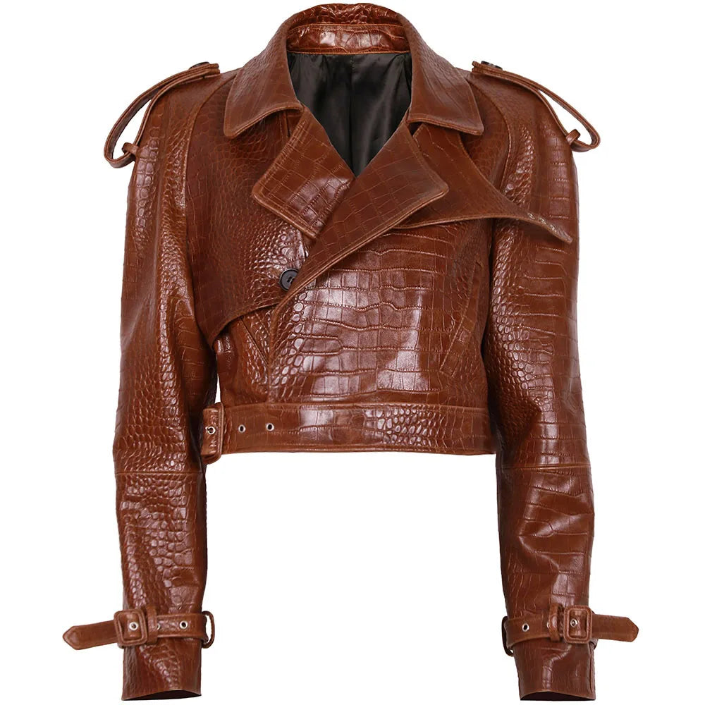 YOLOAgain Wide Shoulder Real Leather Jacket Women Oversized Genuine Leather Cropped Jacket