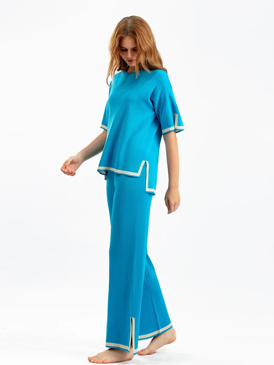 Pants Set Women Two Piece Sets Short Sleeve Spring Knit Tops Loose Casual Wide Leg Long Pants High Waist Y2k Streetwear Spring