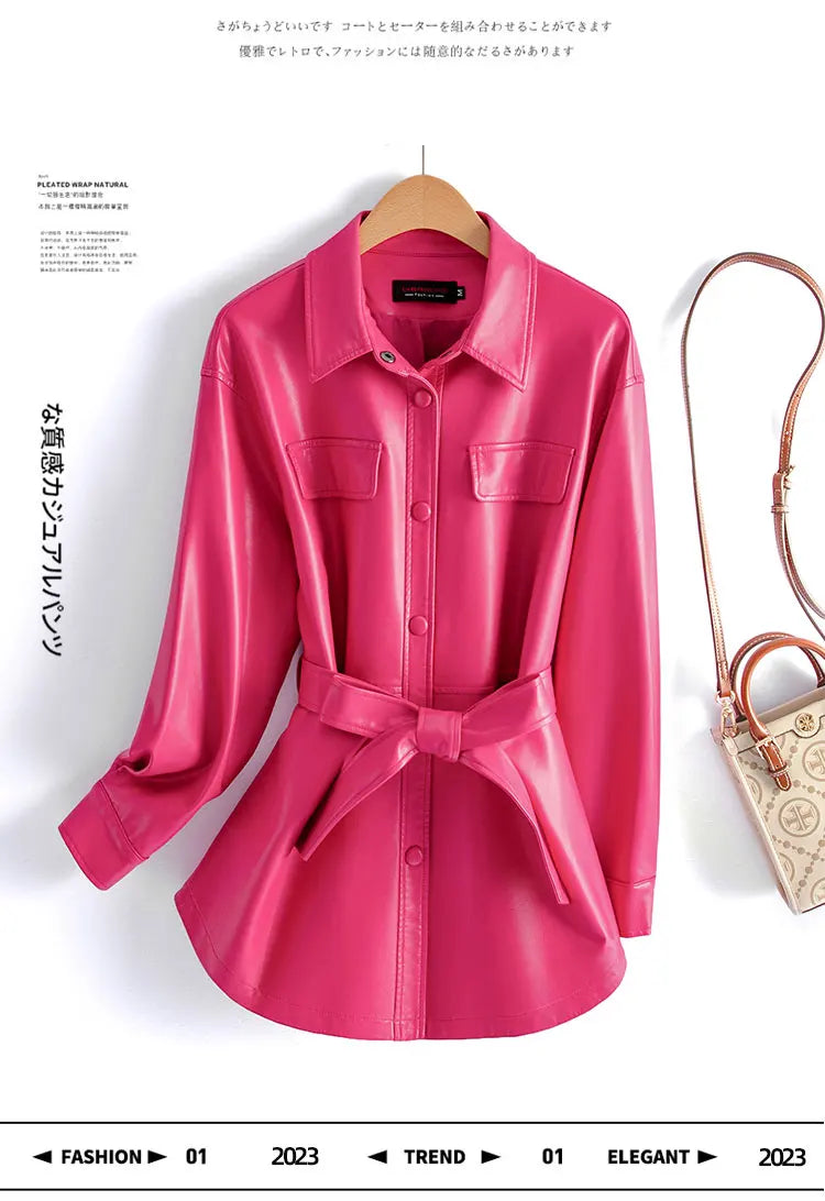 Sheepskin Leather Jacket Women Fashion Irregular Turn-down Collar Lace-up Belt Chic Office Ladies Real Split Leather Jacket Coat