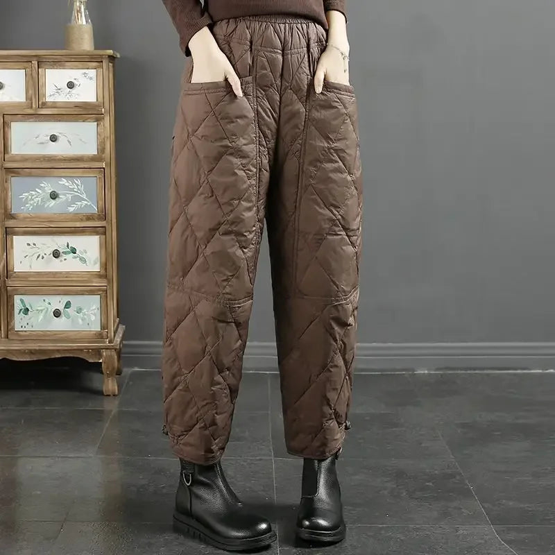 Vintage Quilted Pants Women Winter Warm Trouser Cotton-padded Pants Casual Design Pockets Elastic Waist Korean Chic Black Pants