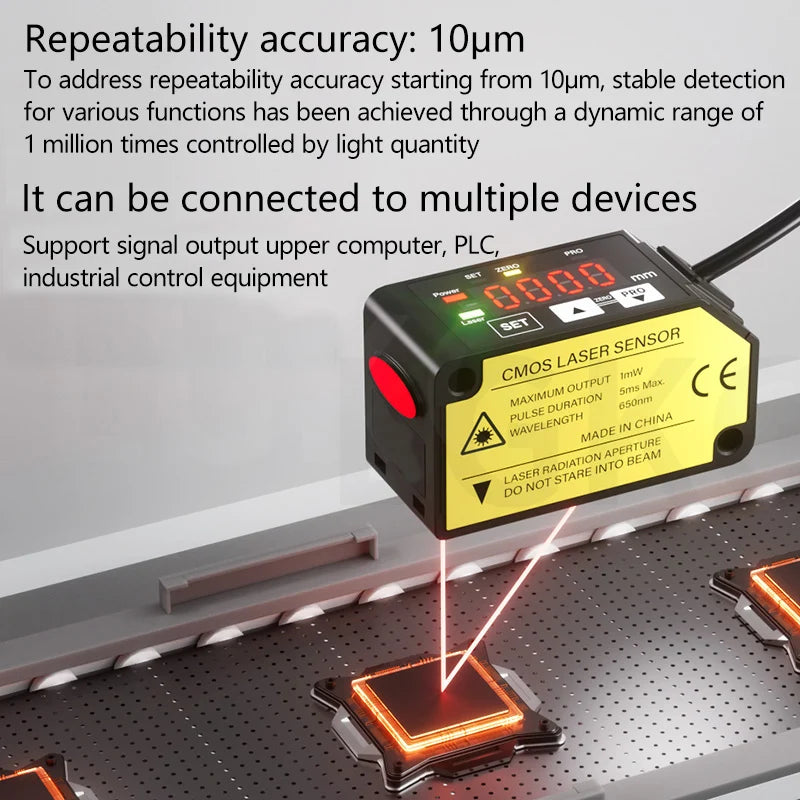 The laser displacement sensor features high-precision distance measurement and thickness detection, with rs485 switch analog out