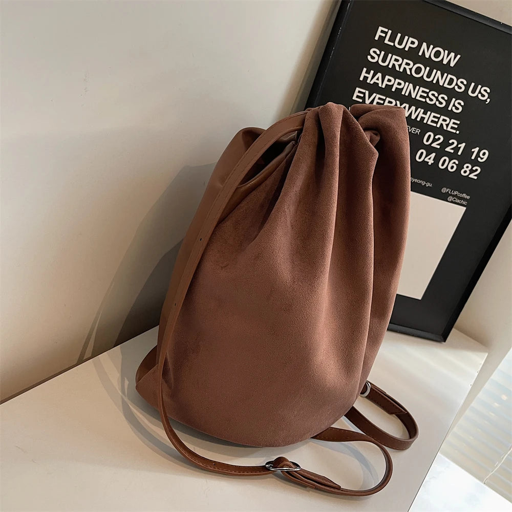 2024 Latest Women Fashion Backpacks Drawstring Bucket Shoulder Bags Soft Suede Large Capacity Rucksack For Travelling Shopping