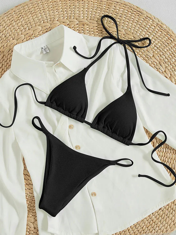 Bathing Suit Women Sexy Solid Halter Swimsuit Special Stripe Fabric Bikini Set Drawstring Lace Up Two-piece Split Beach Biquini
