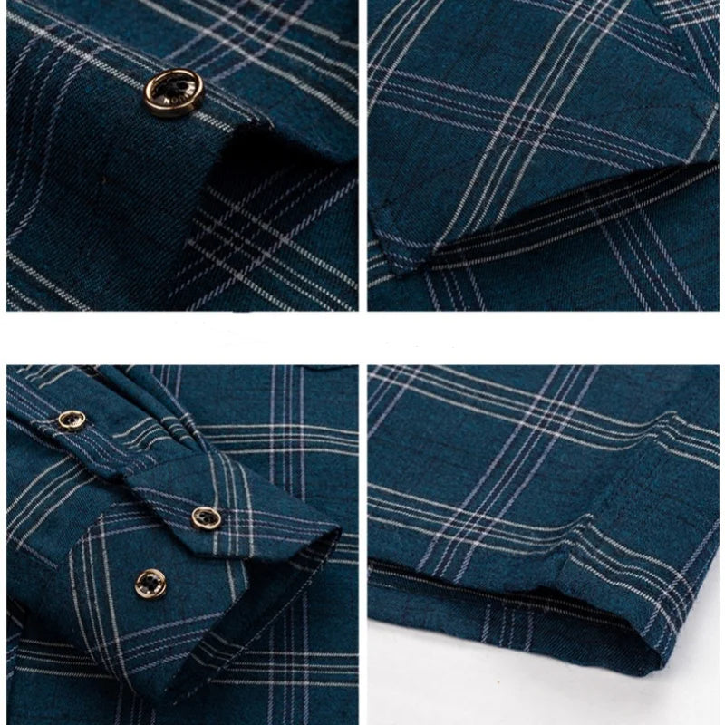 M-6XL Men's Pure Cotton Flannel Shirts Long Sleeve Single Pocket Casual Plaid Thick Soft Cozy Brushed Shirts Blouse Men Clothing